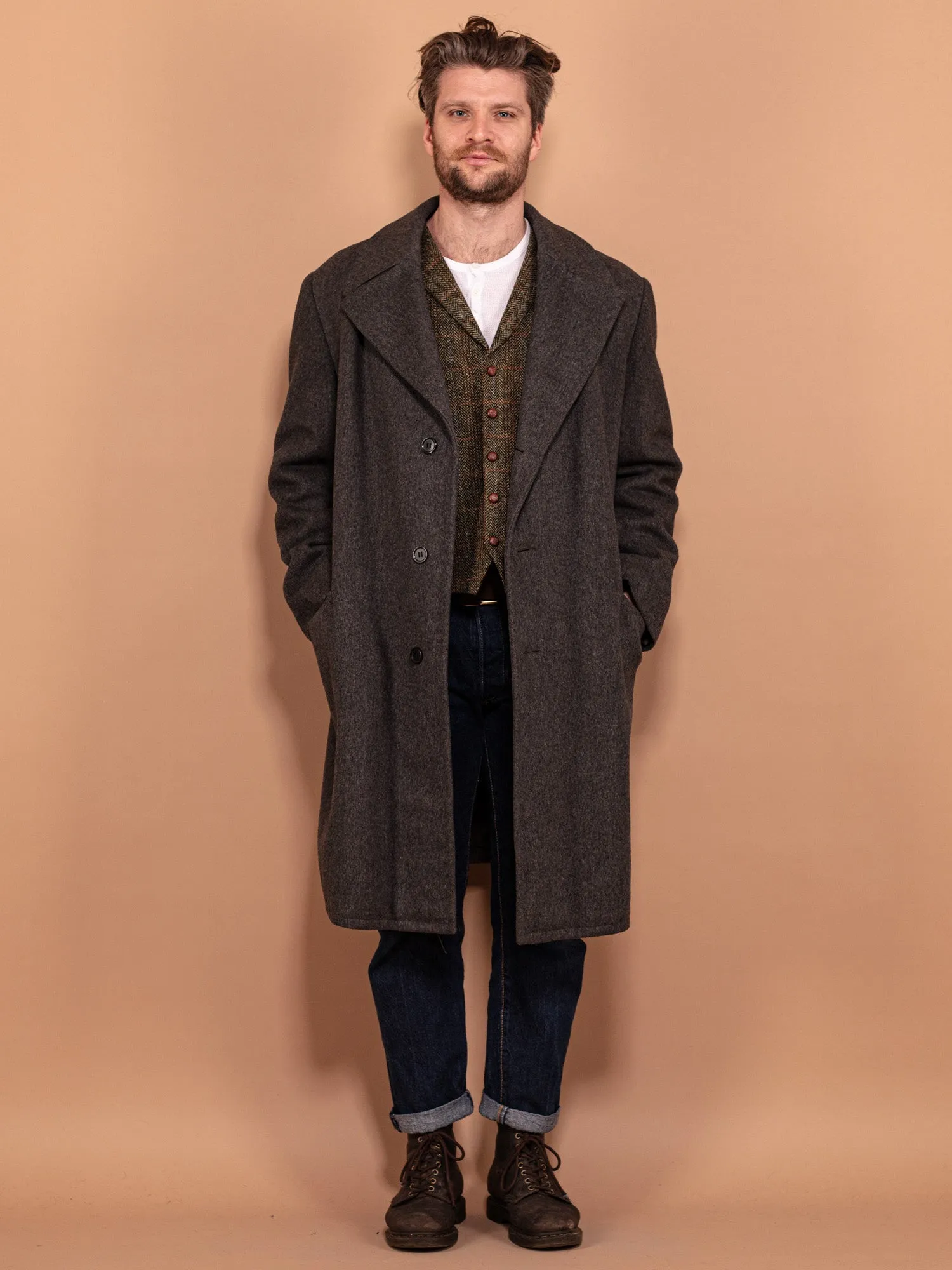 Vintage 70's Men Heavy Insulated Wool Coat in Grey