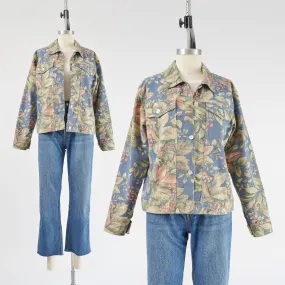 Vintage 90s Blue Floral Cotton Jacket Cottagecore Casual Chore Jacket size S M