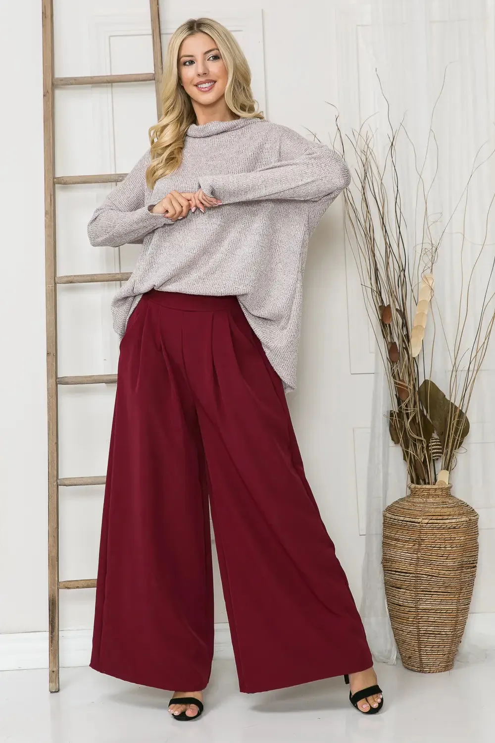Wine Woven Wide Leg Pants