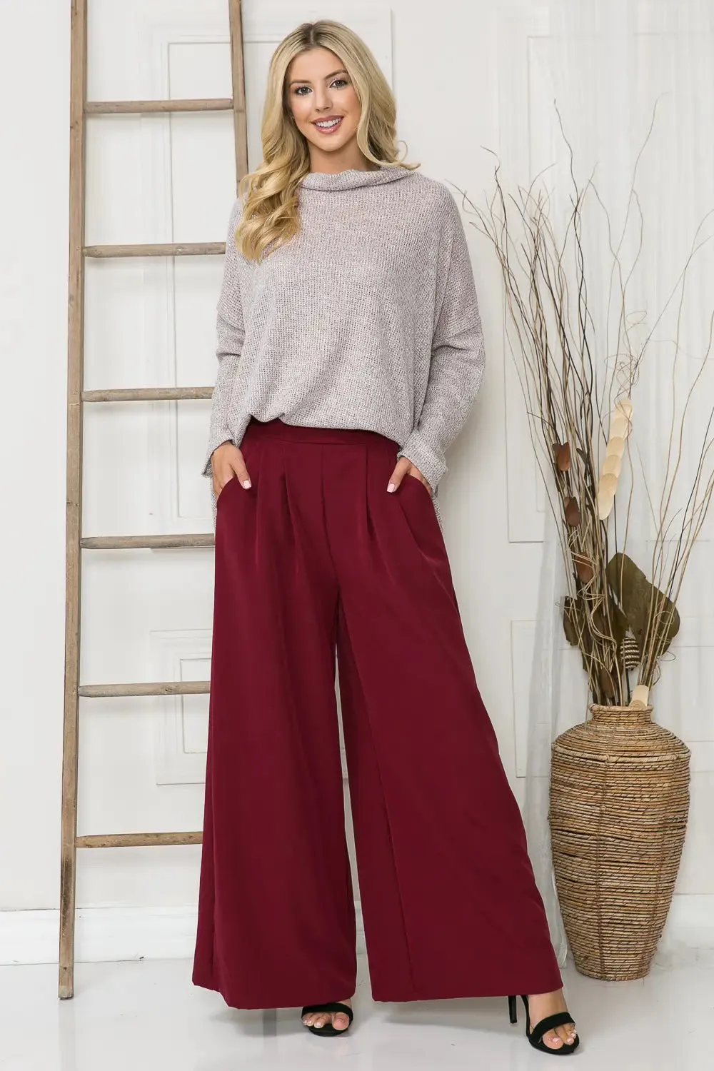Wine Woven Wide Leg Pants