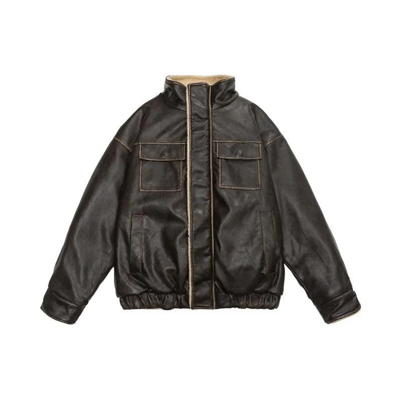 Winter PU Leather Coat with Lamb Wool Lining