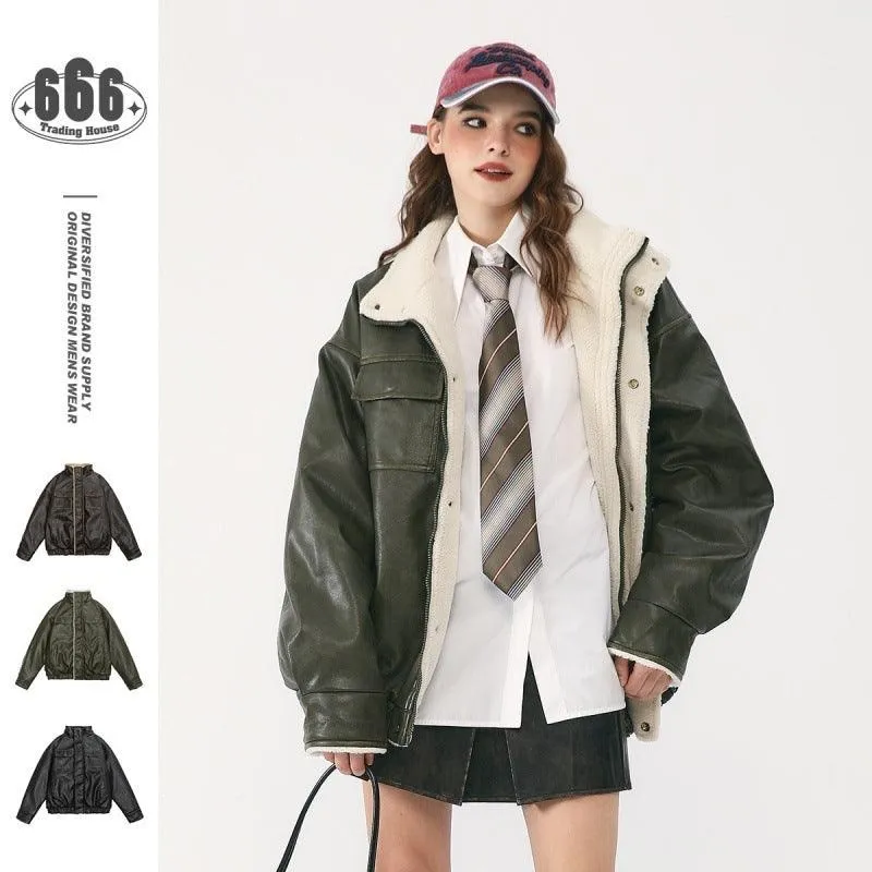 Winter PU Leather Coat with Lamb Wool Lining