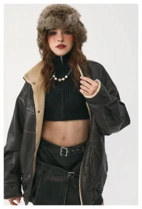 Winter PU Leather Coat with Lamb Wool Lining
