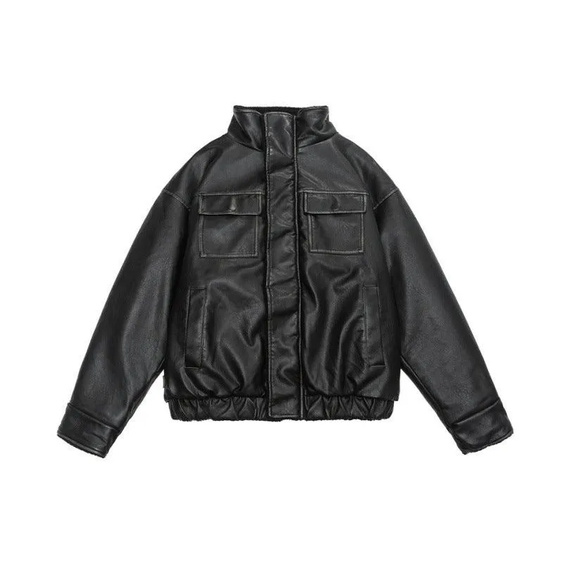 Winter PU Leather Coat with Lamb Wool Lining