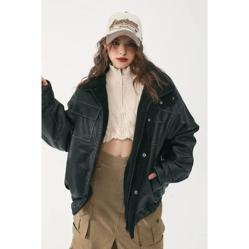 Winter PU Leather Coat with Lamb Wool Lining