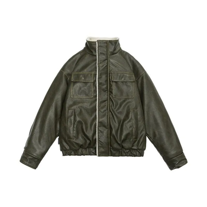 Winter PU Leather Coat with Lamb Wool Lining