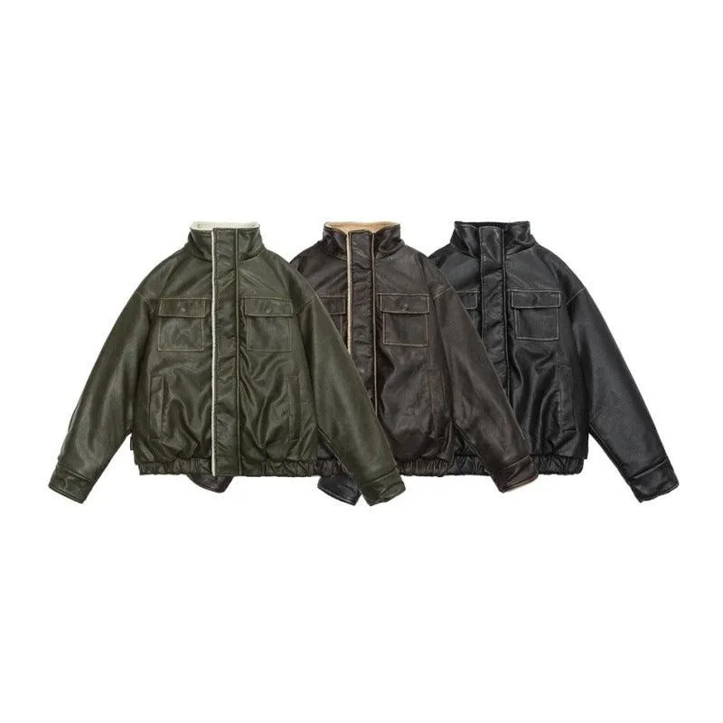 Winter PU Leather Coat with Lamb Wool Lining