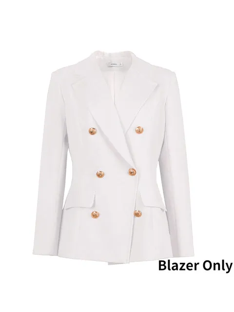 Wjczt 2022 Elegant Women Blazer Sets Buttons White Wide Leg Pant Suits Fashion Professional Party Office Business Outfits Single Pack