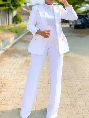 Wjczt 2022 Elegant Women Blazer Sets Buttons White Wide Leg Pant Suits Fashion Professional Party Office Business Outfits Single Pack