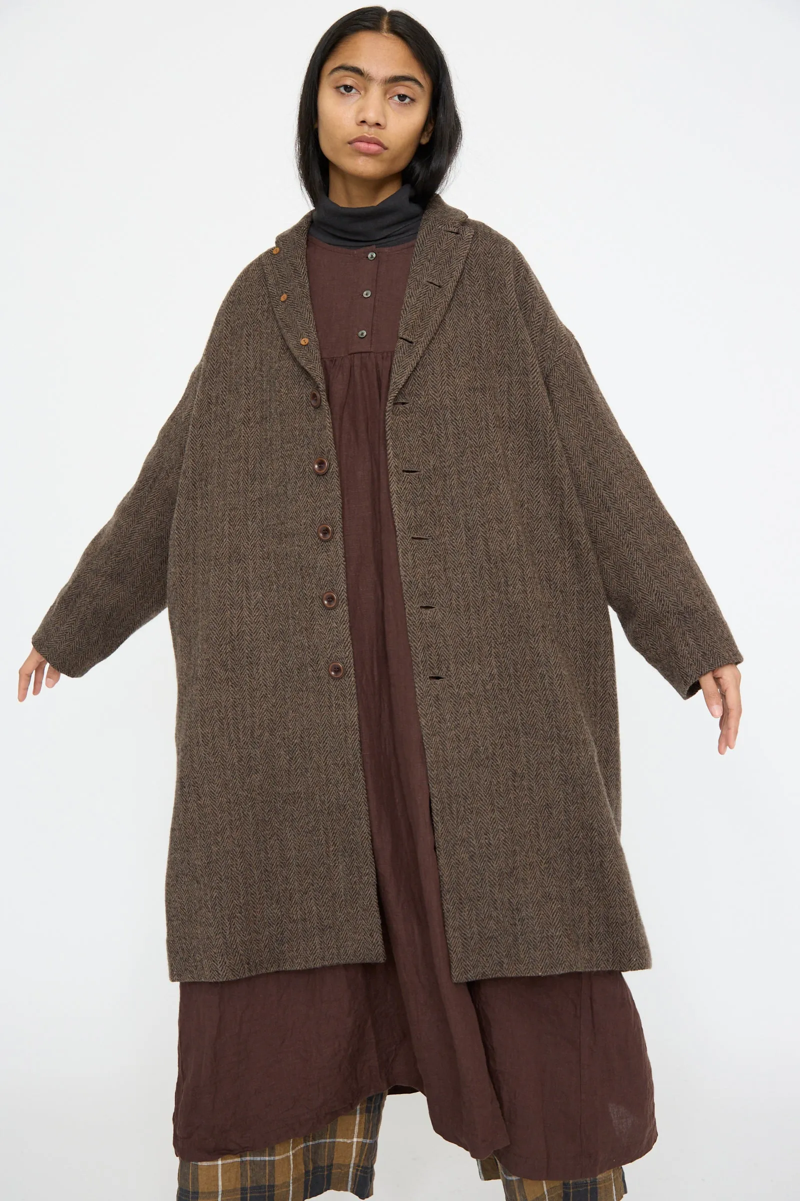 Wool Herringbone Coat in Brown