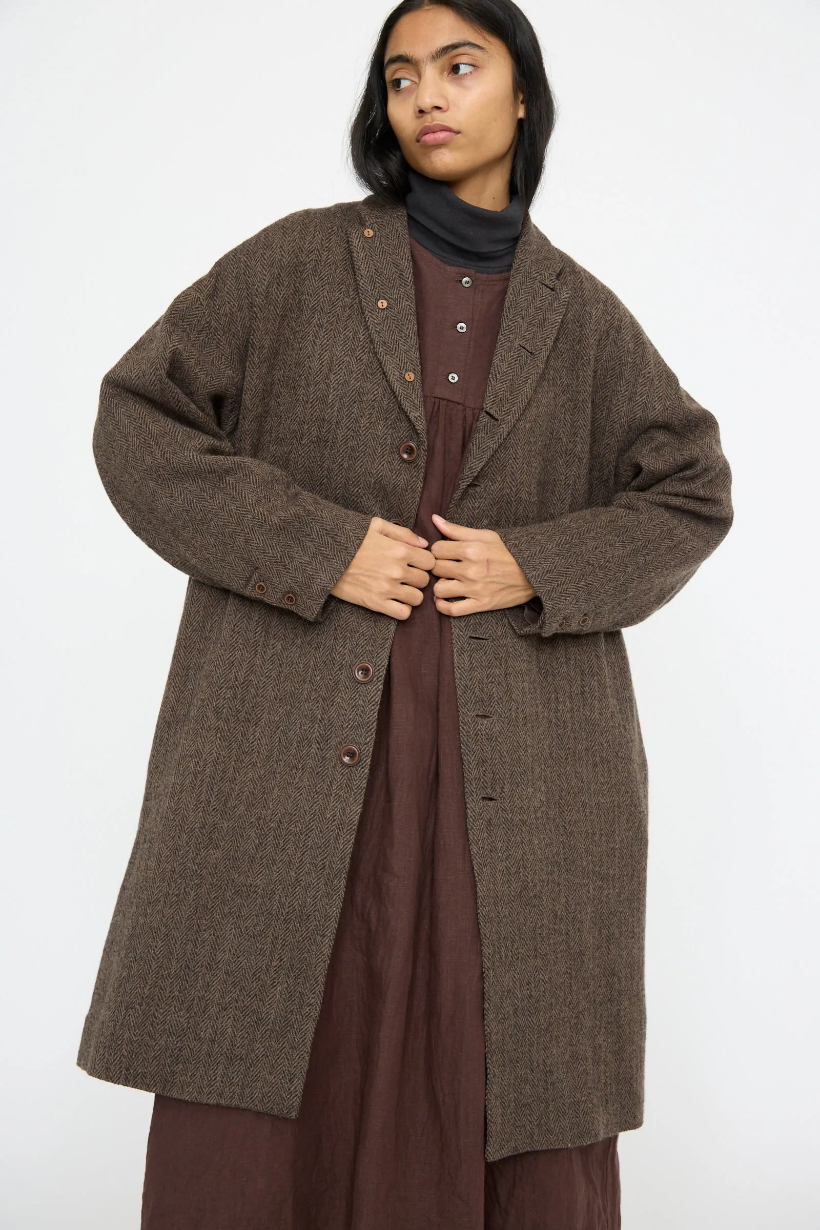Wool Herringbone Coat in Brown
