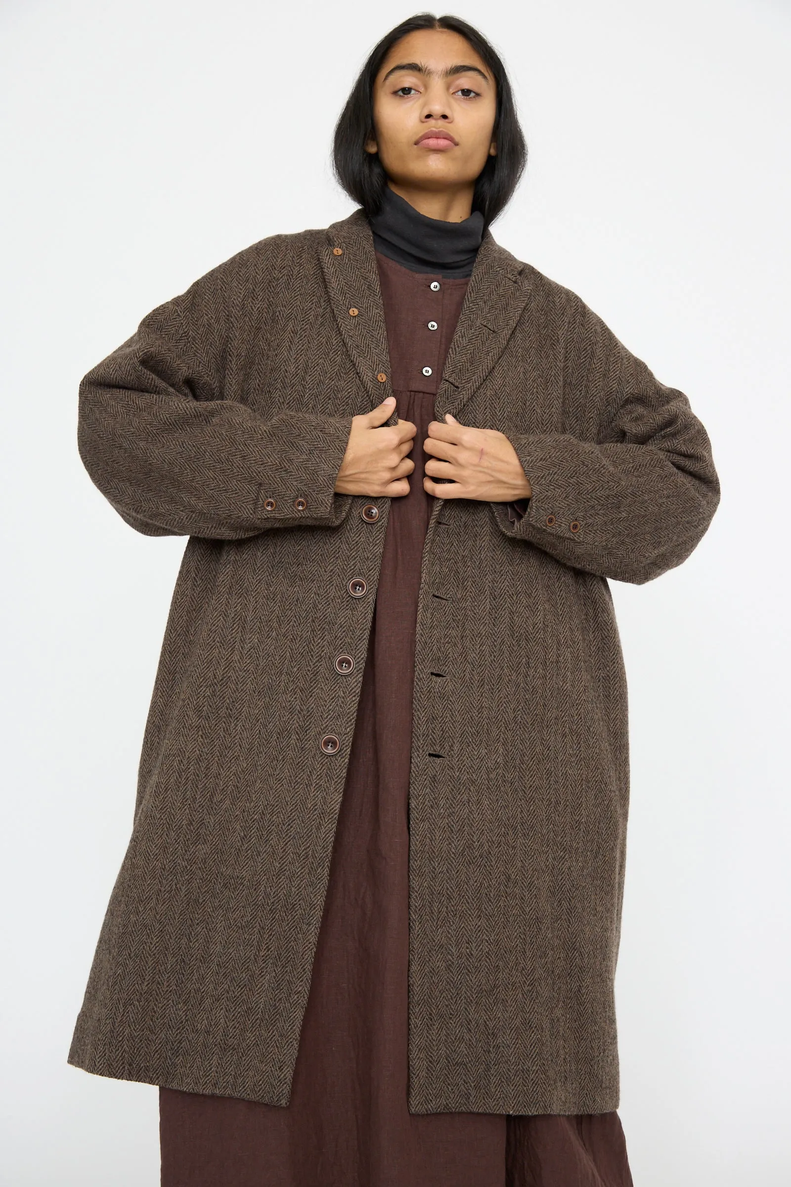 Wool Herringbone Coat in Brown