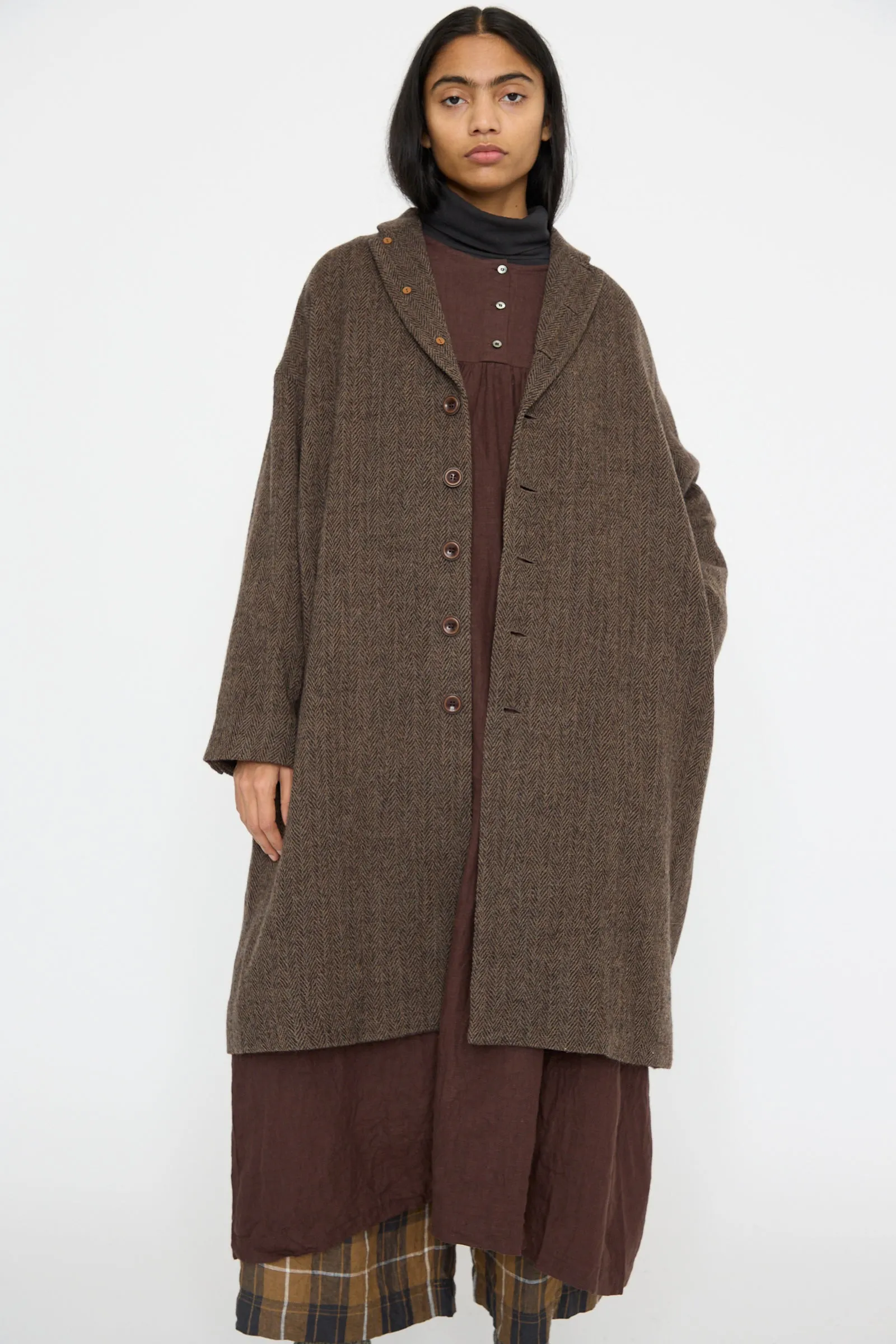 Wool Herringbone Coat in Brown