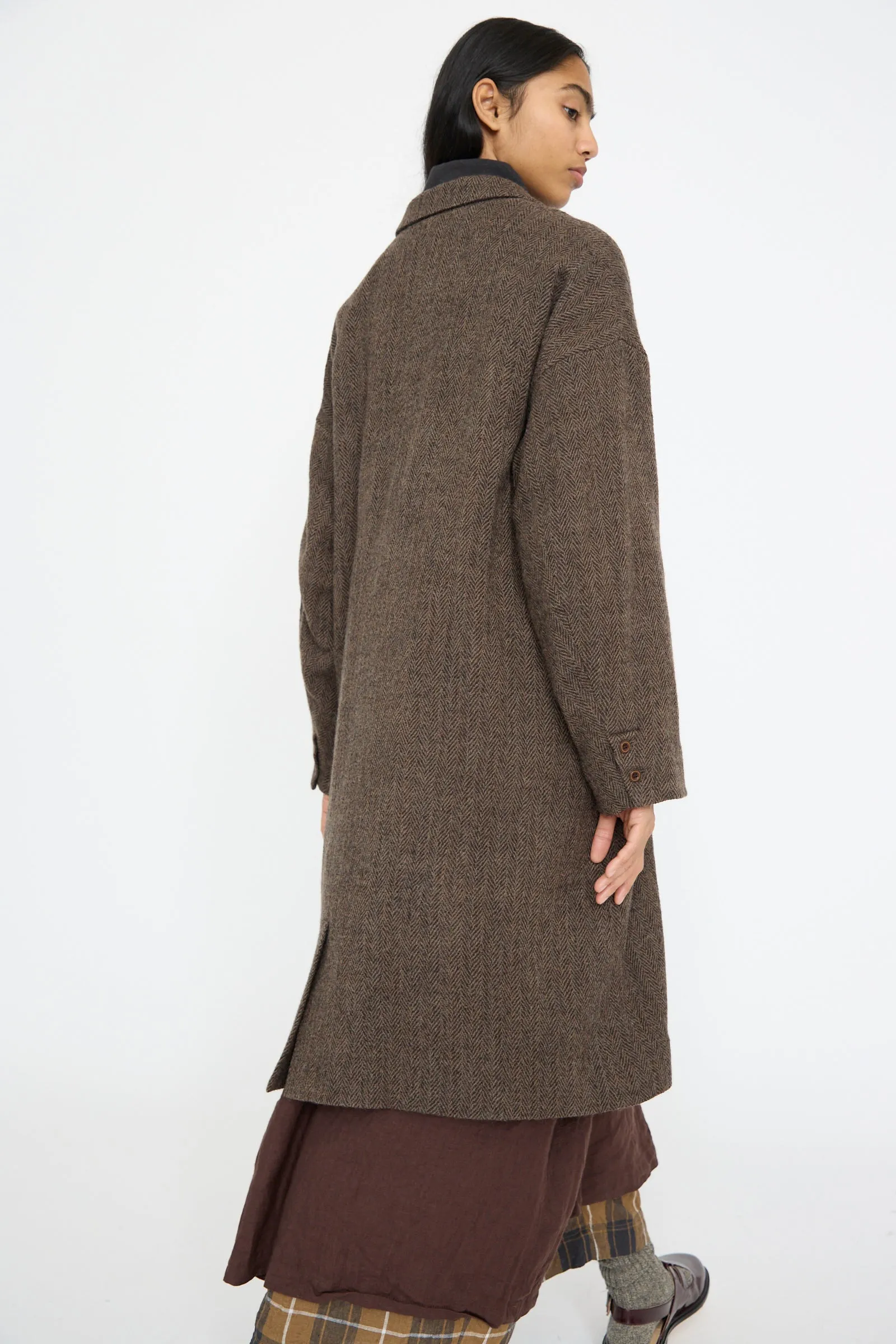 Wool Herringbone Coat in Brown