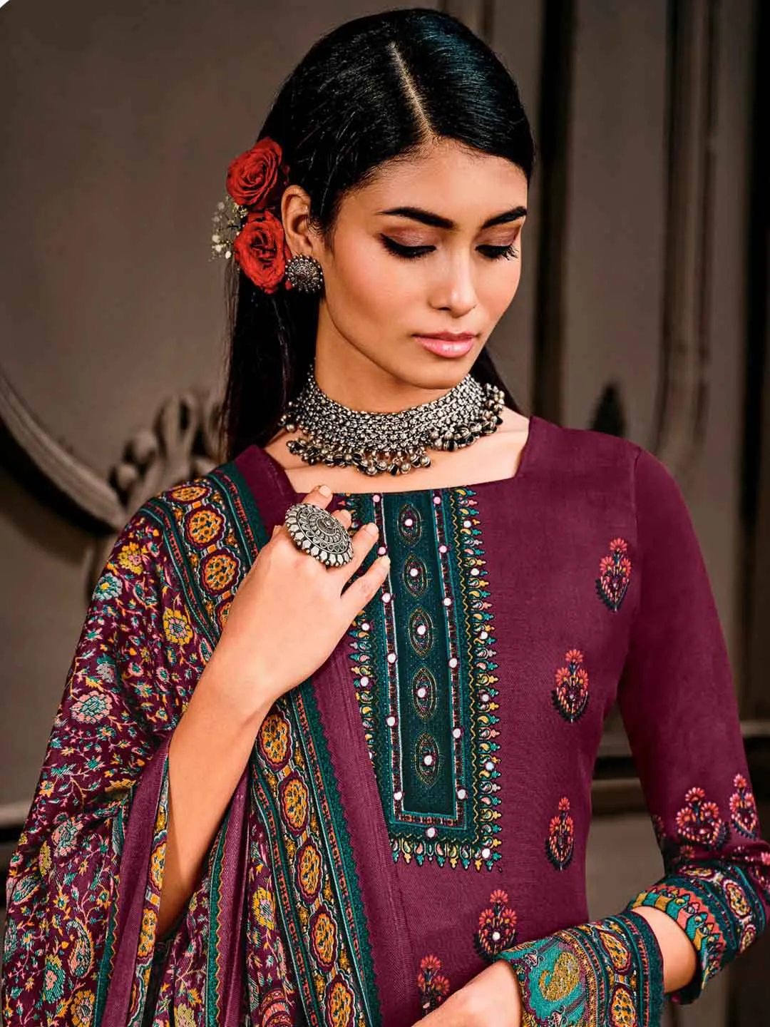 Wool Pashmina Purple Unstitched Winter Ladies Suits Set