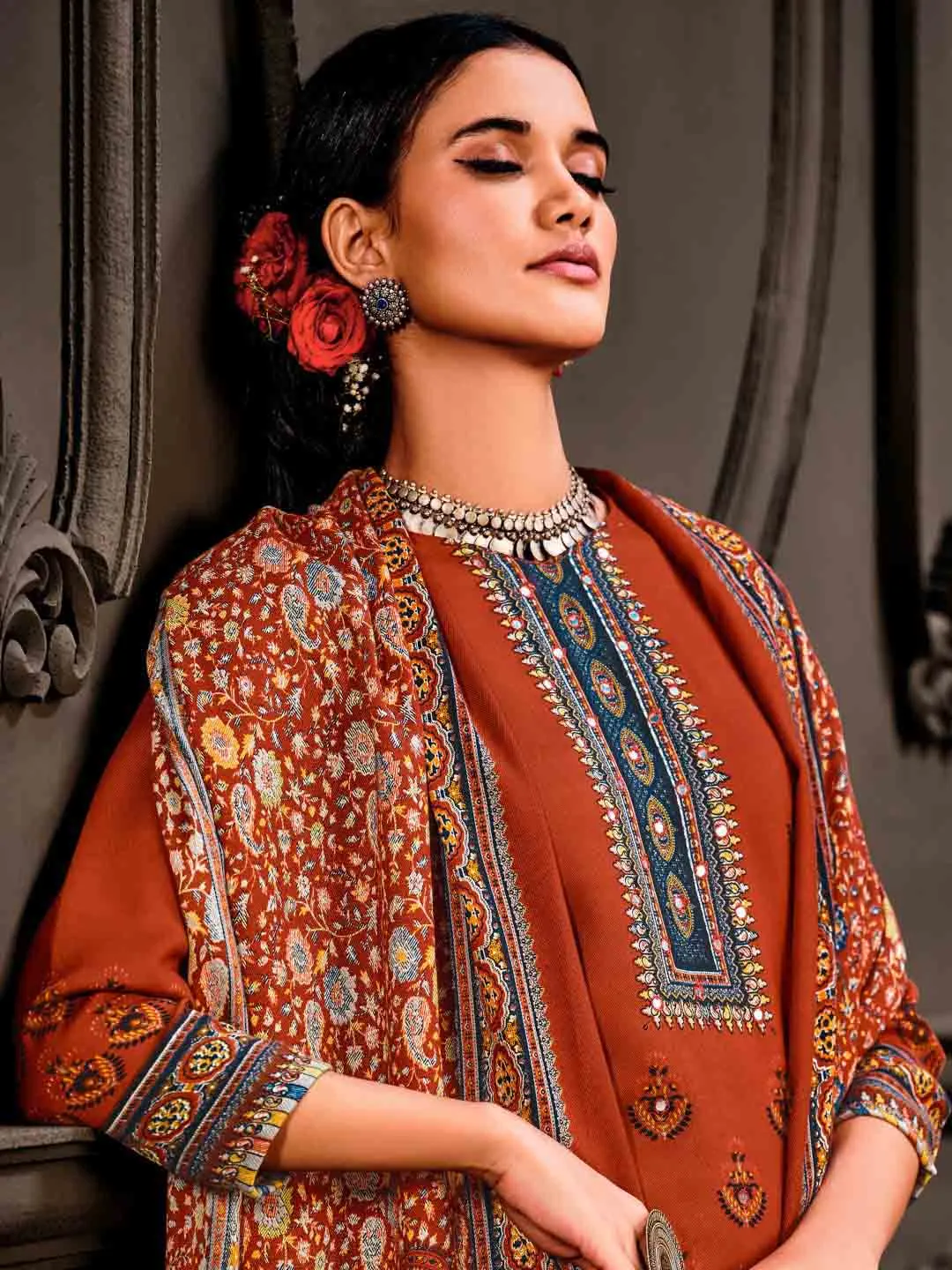 Wool Pashmina Rust Unstitched Winter Ladies Suits Set