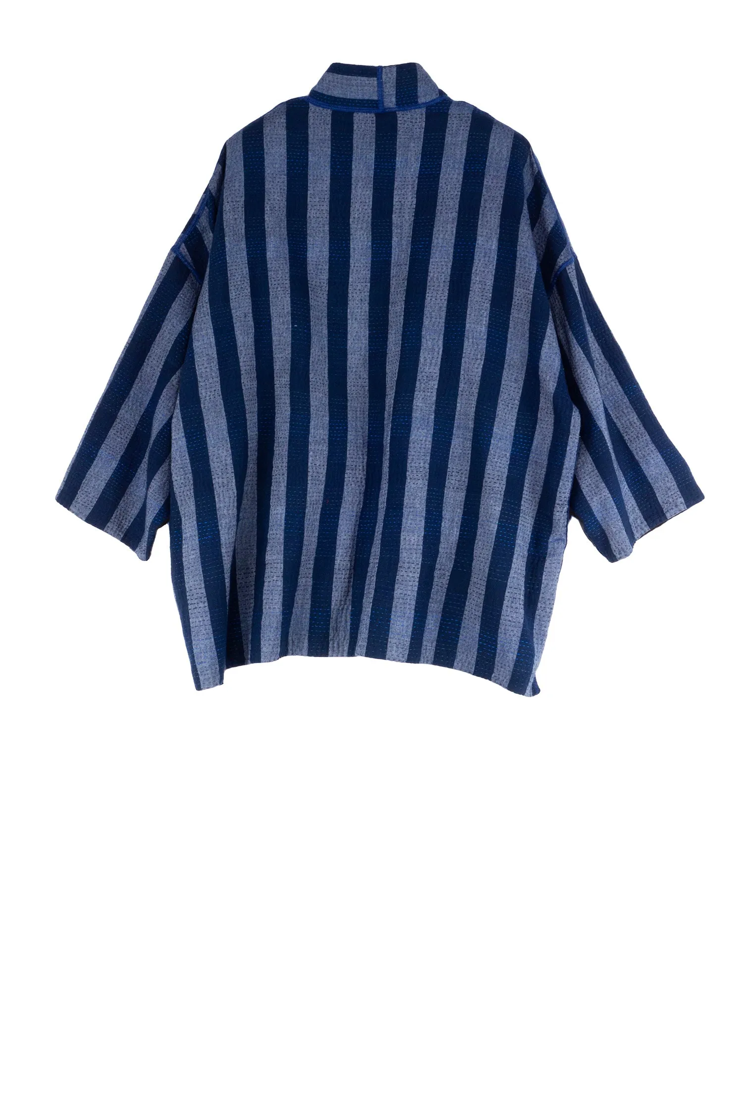 WOVEN STRIPE FRAYED PATCH BACK KANTHA MINI KIMONO JKT - wp2055-nvy -