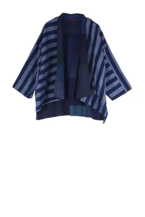WOVEN STRIPE FRAYED PATCH BACK KANTHA MINI KIMONO JKT - wp2055-nvy -