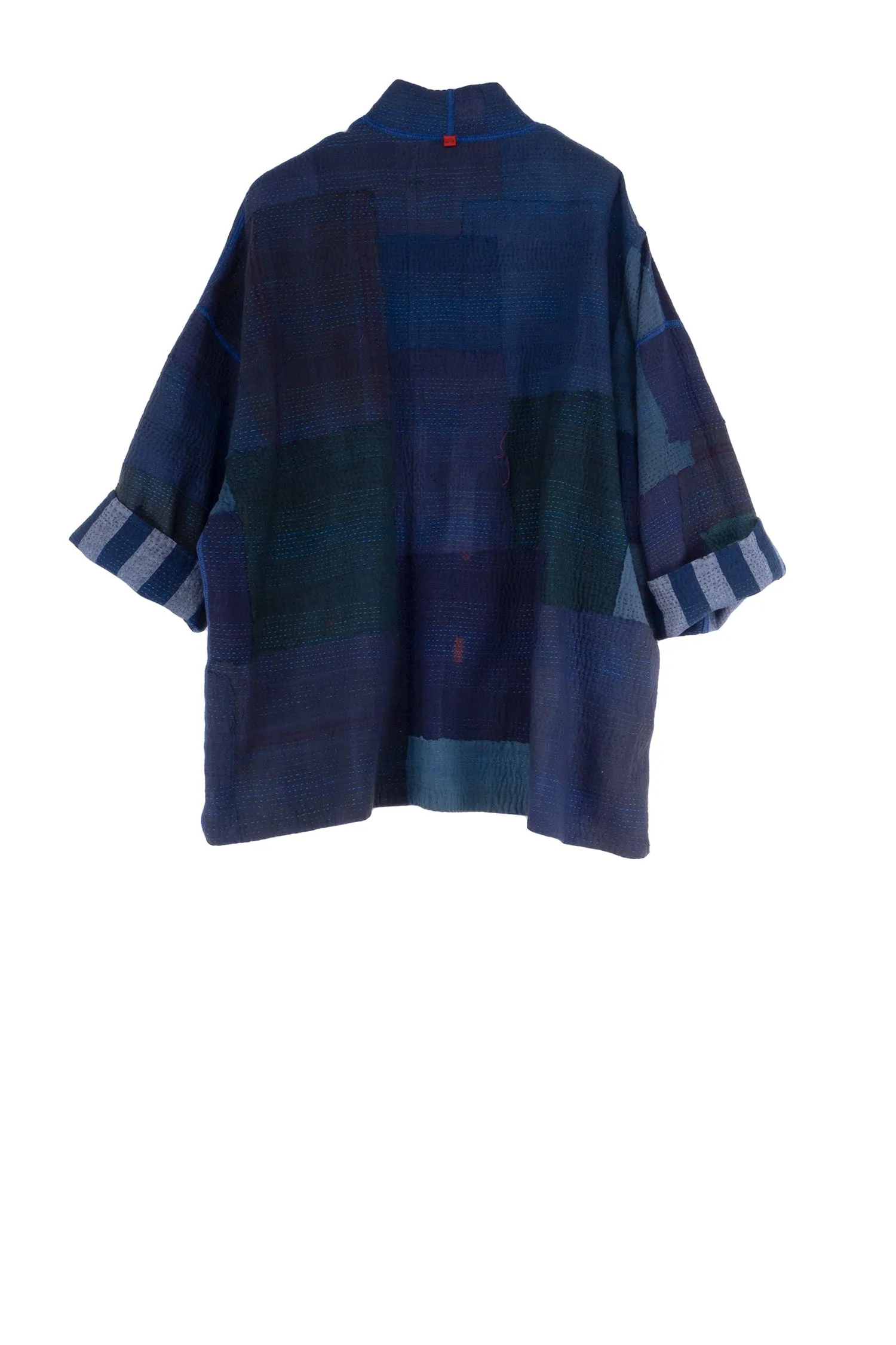 WOVEN STRIPE FRAYED PATCH BACK KANTHA MINI KIMONO JKT - wp2055-nvy -