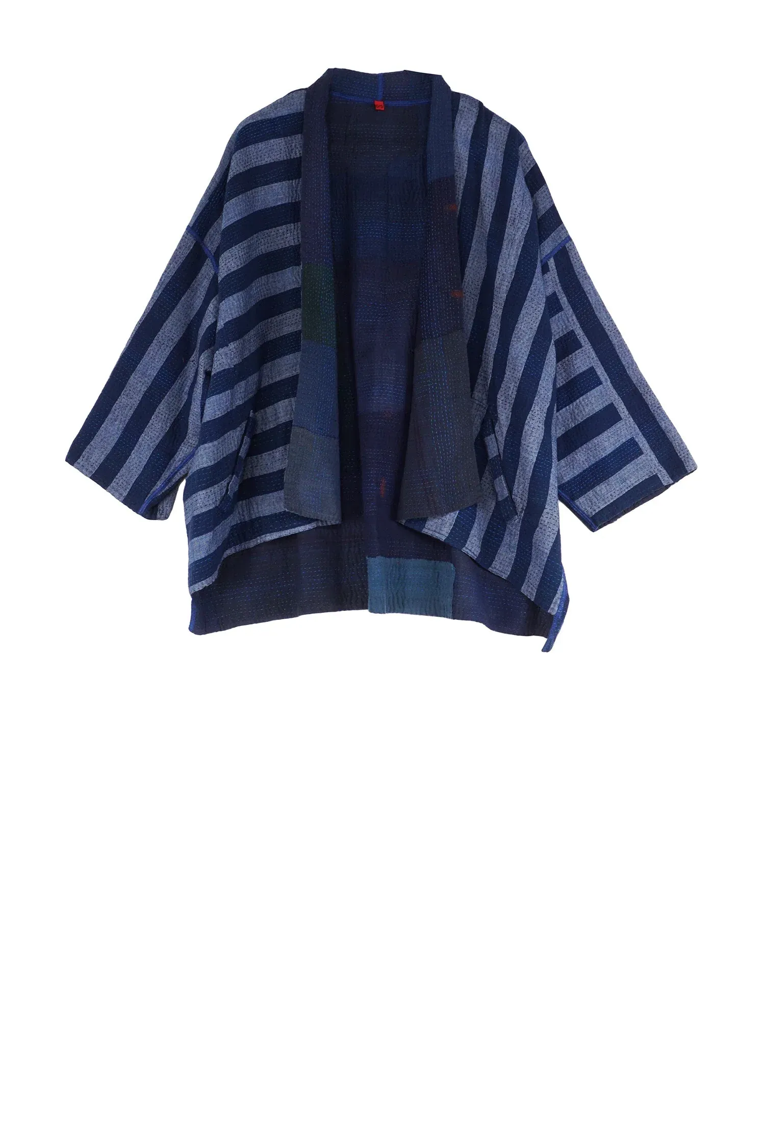 WOVEN STRIPE FRAYED PATCH BACK KANTHA MINI KIMONO JKT - wp2055-nvy -