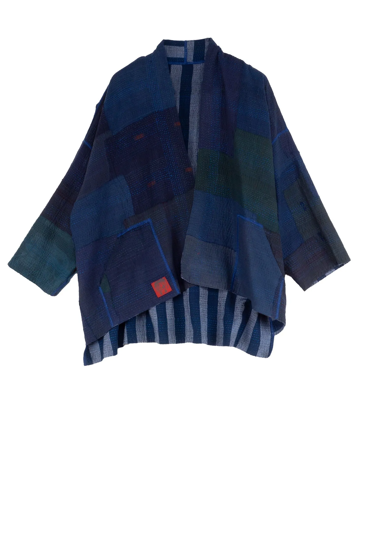 WOVEN STRIPE FRAYED PATCH BACK KANTHA MINI KIMONO JKT - wp2055-nvy -