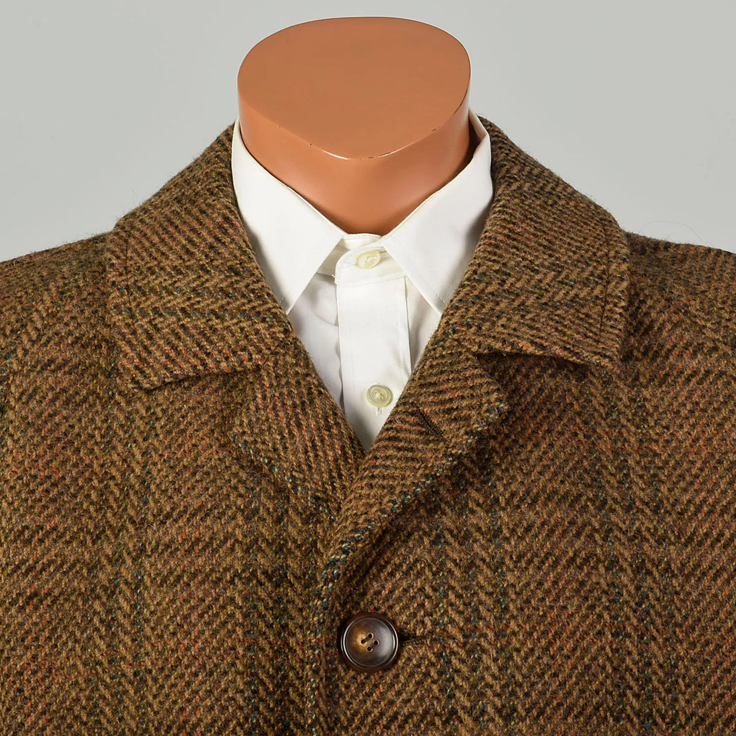 XL 1970s Jacket Brown Plaid Herringbone Wool Tweed Winter Car Coat
