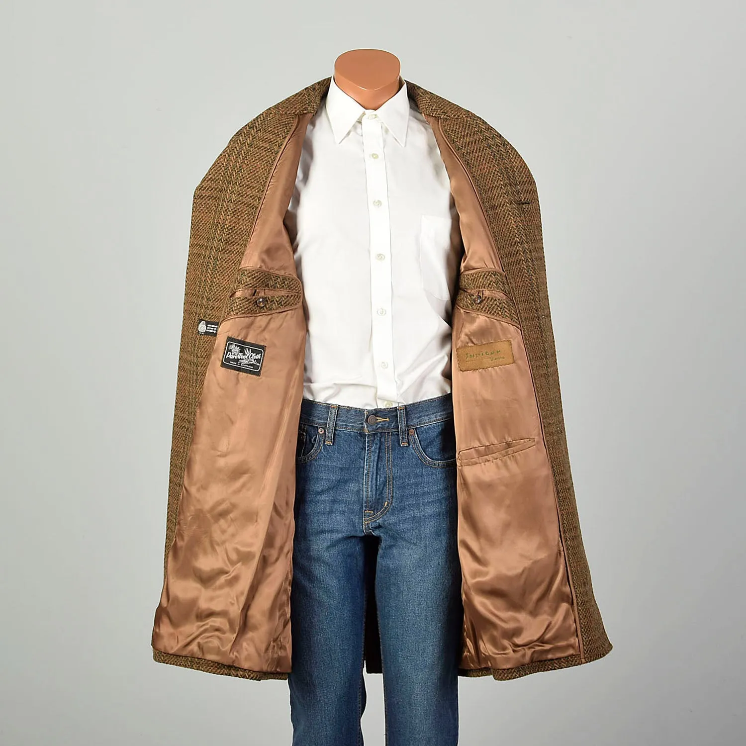 XL 1970s Jacket Brown Plaid Herringbone Wool Tweed Winter Car Coat