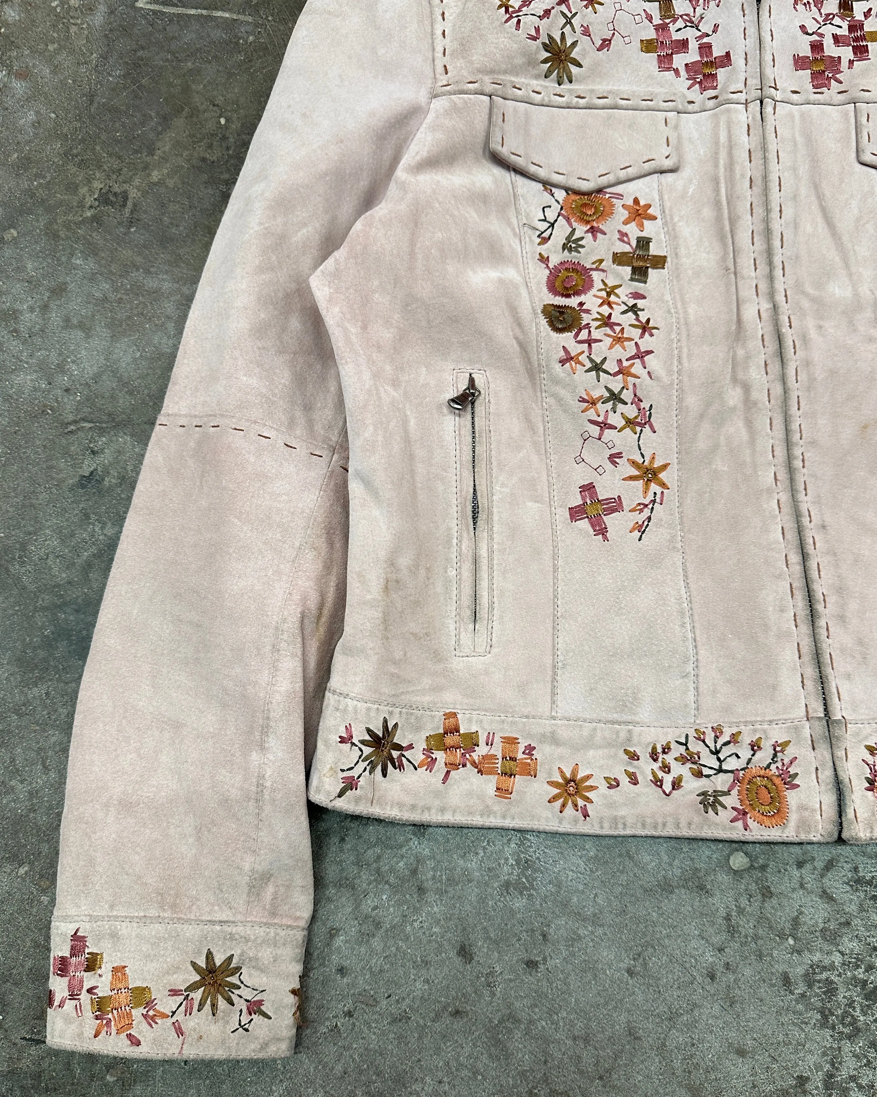 Y2K Vintage Pink Embroidered Suede Jacket - M