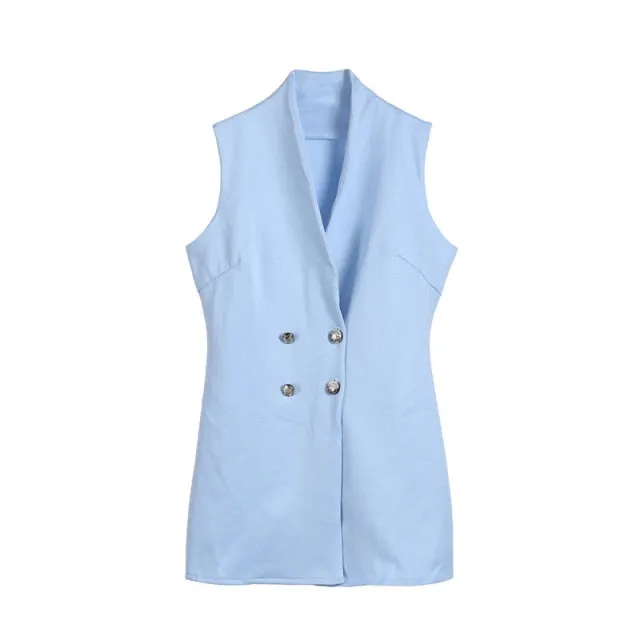 Yeknu Women Short Bodycon Collar Blazer Double Breasted Sleeveless Dress Fashion Lady Summer High Waist Work Formal Solid Short Dress